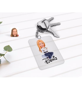 BK Gift Kişiye Özel Kadın Karikatürlü Şeffaf Pleksi Anahtarlık-101 (Beyaz)