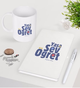BK Gift Kişiye Özel Yaşa Sev Öğret Beyaz Defter Kalem Kupa Seti-2 (Model 1)