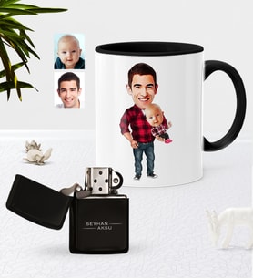 BK Gift Kişiye Özel Baba Oğul Karikatürlü Siyah Kupa Bardak Benzinli Çakmak Seti-3 (Model 1)