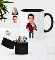 BK Gift Kişiye Özel Baba Oğul Karikatürlü Siyah Kupa Bardak Benzinli Çakmak Seti-3 (Model 1)