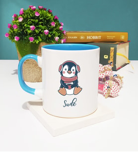 Tatlı Penguen Tasarımlı Kişiye Özel Penguen Kupa Bardak Mavi
