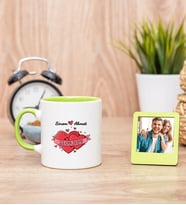 Sevgililere Özel Tarihli Yeşil Kupa Bardak ve Yeşil Mini Fotoğraf Çerçevesi