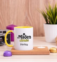 Maden Mühendisi Ahşap Altlıklı Mumlu Sarı Kupa Bardak
