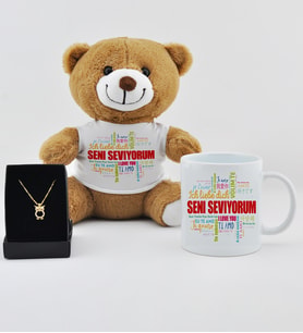 Seni Seviyorum Baskılı Peluş Ayıcık Kupa Ve Baykuş  Kolye
