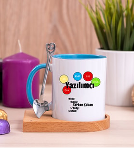 Yazılımcı Ahşap Altlıklı Mavi Kupa Bardak
