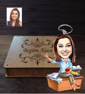 Kişiye Özel Öğretmen Karikatürlü  Ahşap Anahtarlık Kutulu Bayan-2