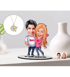 BK Gift Kişiye Özel Sevgililer Karikatürlü 3D Ahşap Biblo ve Çift İsimli Papatya Kolye Seti-5 (Model 1)