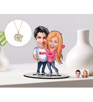 BK Gift Kişiye Özel Sevgililer Karikatürlü 3D Ahşap Biblo ve Çift İsimli Papatya Kolye Seti-5 (Model 1)