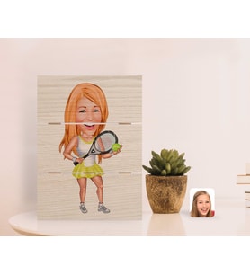 BK Gift Kişiye Özel Kadın Tenis Oyuncusu Karikatürlü Otantik Masaüstü Ahşap Palet Çerçeve-2 (Beyaz)