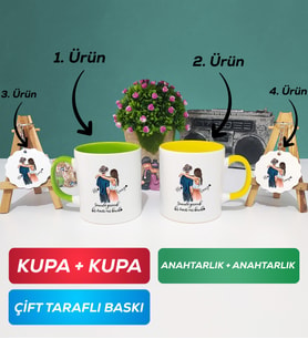 İkili Yeşil Sarı Sevgiliye Hediye Bir Ömür Sevgililer Günü Hediyesi Kupa Bardak Anahtarlık Hediye Seti