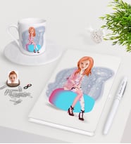 BK Gift Kişiye Özel Kadın Karikatürlü Beyaz Defter Kalem Türk Kahvesi Fincanı Seti-32 (Model 1)
