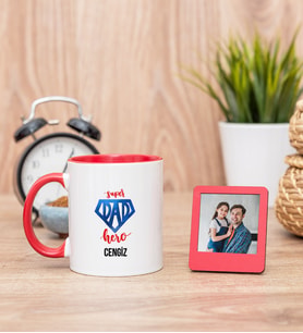 Super Dad Kırmızı Kupa Bardak ve Kırmızı Mini Fotoğraf Çerçevesi