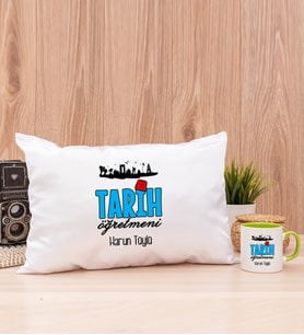 Tarih Öğretmeni Dikdörtgen Yastık ve Yeşil Kupa Bardak