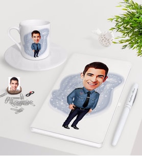 BK Gift Kişiye Özel Erkek Polis Karikatürlü Beyaz Defter Kalem Türk Kahvesi Fincanı Seti-3 (Model 1)