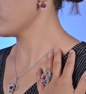 Mercan Ve Safir Taşlı Oksitli Telkari Bayan Gümüş Üçlü Set