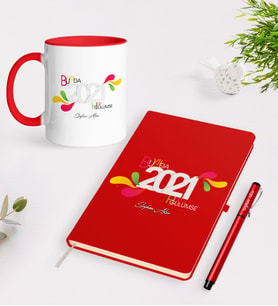 BK Gift Kişiye Özel Bu Yılda Hep Gülümse Temalı Kırmızı Defter Kalem Kupa Seti - 1