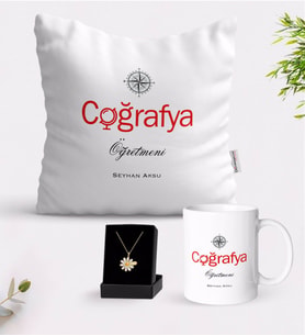 BK Gift Kişiye Özel Coğrafya Öğretmeni Beyaz Kupa Yastık ve İsimli Papatya Kolye Hediye Seti-1 (Model 1)
