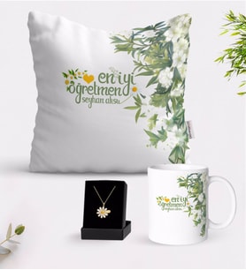 BK Gift Kişiye Özel Papatya Temalı En İyi Öğretmen Beyaz Kupa Yastık ve İsimli Papatya Kolye Hediye Seti-5 (Model 1)
