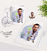 BK Gift Kişiye Özel Erkek Fen Bilimleri Öğretmeni Karikatürlü Kupa Anahtarlık Beyaz Defter Kalem Hediye Seti-3 (Model 1)
