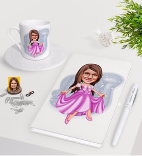 BK Gift Kişiye Özel Kız Çocuk Prenses Karikatürlü Beyaz Defter Kalem Türk Kahvesi Fincanı Seti-1 (Model 1)