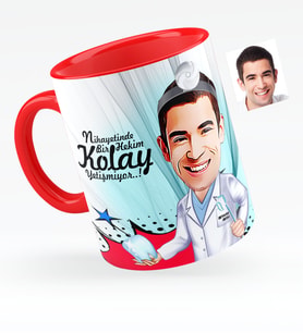 BK Gift Kişiye Özel Bay Diş Hekimi Karikatürlü Kırmızı Kupa Bardak  3