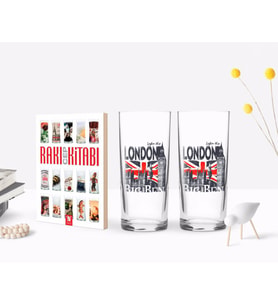 BK Gift Kişiye Özel Renkli Baskılı London Tasarımlı İkili Rakı Bardağı ve Rakı Cep Kitabı Hediye Seti-3 (Model 1)