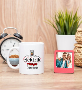 Elektrik Teknisyeni Beyaz Kupa Bardak ve Kırmızı Mini Fotoğraf Çerçevesi