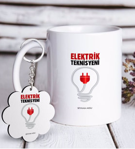 BK Gift Kişiye Özel Mesleki Elektrik Teknisyeni Beyaz Kupa ve Anahtarlık Hediye Seti (Model 1)