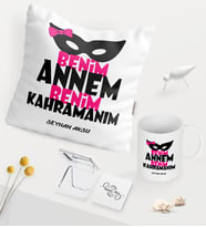 BK Gift Kişiye Özel Annem Benim Kahramanım Beyaz Kupa Ayna Yastık Seti - 1 (Model 1)