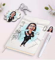 BK Gift Kişiye Özel Kadın İç Mimar Karikatürlü Beyaz Defter Kalem ve Anahtarlık Hediye Seti (Model 1)