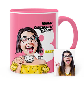 BK Gift Kişiye Özel Kadınlar Günü Temalı Karikatür Pembe Kupa Bardak  3