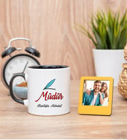 Müdür Siyah Kupa Bardak ve Sarı Mini Fotoğraf Çerçevesi