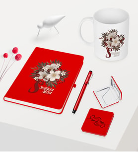 Kadınlar Gününe Özel Kırmızı Defter Kalem Kupa Ayna Seti - 17