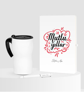 BK Gift Kişiye Özel Yılbaşı Mutlu Yıllar Temalı Beyaz Defter Kalem Termos Mug Seti - 3