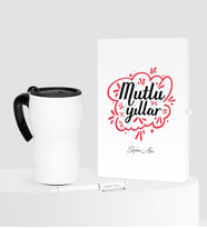 BK Gift Kişiye Özel Yılbaşı Mutlu Yıllar Temalı Beyaz Defter Kalem Termos Mug Seti - 3