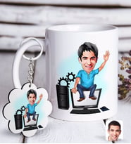 BK Gift Kişiye Özel Erkek Bilgisayar Mühendisi Karikatürlü Beyaz Kupa ve Anahtarlık Hediye Seti (Model 1)