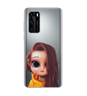 Kahve Saçlı Kız Tasarımlı Süper Şeffaf Silikon Telefon Kılıfı Huawei P40