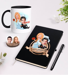 BK Gift Kişiye Özel Yılın En Mükemmel Çifti Karikatürlü Siyah Defter Kalem ve Kupa Seti-67 (Model 1)
