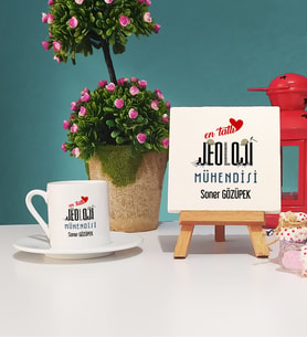 Mesajlı Jeoloji Mühendisi Tasarımlı Kişiye Özel Jeoloji Mühendisi Türk Kahvesi Fincanı ve Dekoratif Taş Baskı Hediye Seti