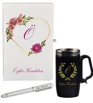 Kalp ve Çiçek Desenli Kişiye Özel Defter Kalem Siyah Termos Mug Seti