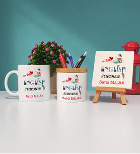 Mesajlı İngilizce Öğretmeni Hediye Kupa Bardak Kalemlik ve Dekoratif Taş Baskı Hediye Seti