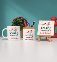 Mesajlı İngilizce Öğretmeni Hediye Kupa Bardak Kalemlik ve Dekoratif Taş Baskı Hediye Seti