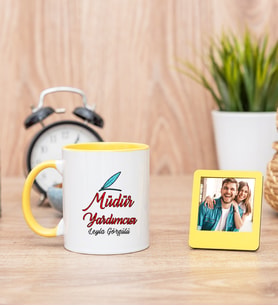 Müdür Yardımcısı Sarı Kupa Bardak ve Sarı Mini Fotoğraf Çerçevesi
