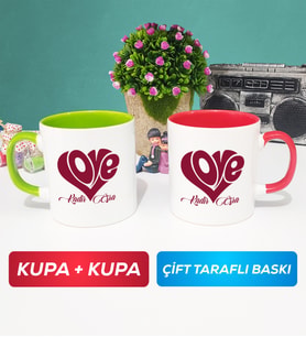 İkili Love Tasarımlı Sevgililer Günü Hediyesi Kupa Bardak Yeşil Kırmızı