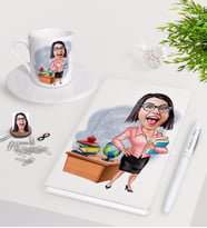 BK Gift Kişiye Özel Bayan Öğretmen Karikatürlü Beyaz Defter Kalem Türk Kahvesi Fincanı Seti-5 (Model 1)