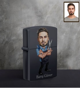 Kişiye Özel Berber Karikatürlü UV Baskılı Siyah Benzinli Çakmak Bay-3