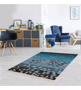 Yaprak Desenli Dijital Baskı Kaymaz Taban Yıkanabilir Klasik Salon Halı ve Yolluk (Mavi)