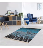 Yaprak Desenli Dijital Baskı Kaymaz Taban Yıkanabilir Klasik Salon Halı ve Yolluk (Mavi)