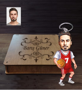 Kişiye Özel Basketbolcu Karikatürlü Ahşap Anahtarlık Kutulu Bay-2