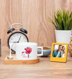 Sevgililere Özel Balon Tasarım Fincan ve Turuncu Mini Fotoğraf Çerçevesi